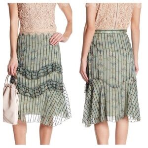 EVA FRANCO Anthropologie Wellington Stripe Ruffle Midi Skirt Green Size 6